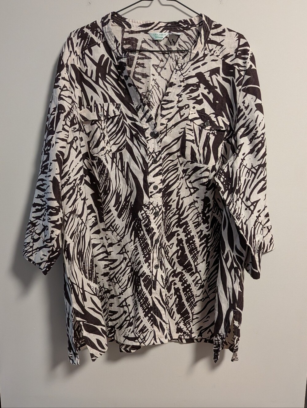 Laura Ashley Women’s Brown & Cream  Printed Button-Front Tunic Top 100% Linen 2X